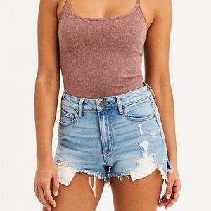 American Eagle women’s  stretch curvy high-rise Shorty distressed denim shorts